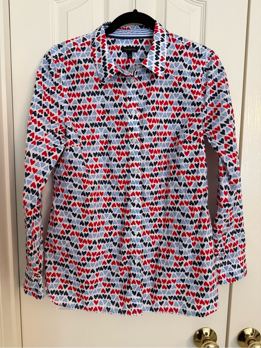 Talbots White Button-Down Shirt with Red & Navy Heart Print